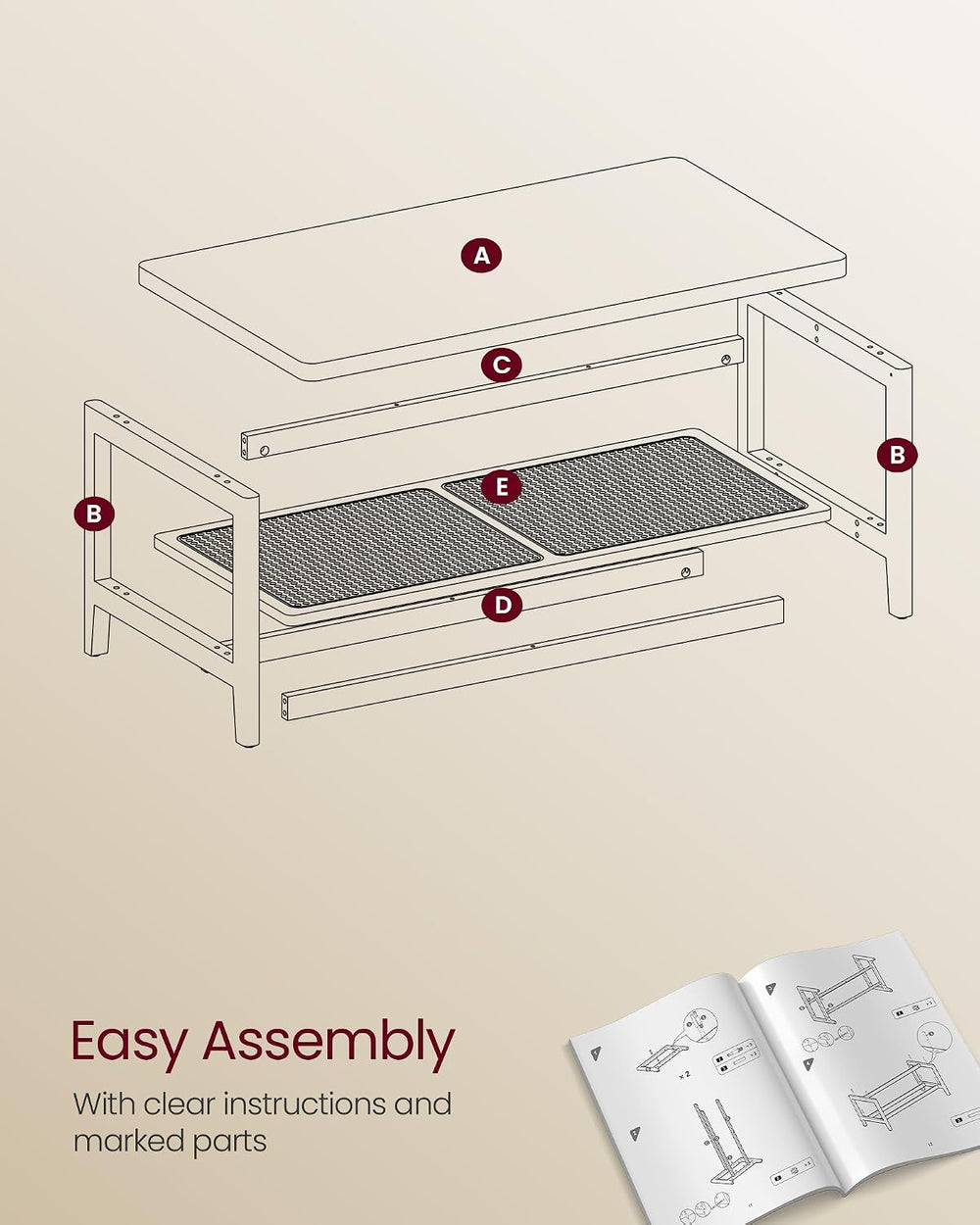 VASAGLE 2-Tier Coffee Table for Living Room, with PVC Rattan Storage Shelf