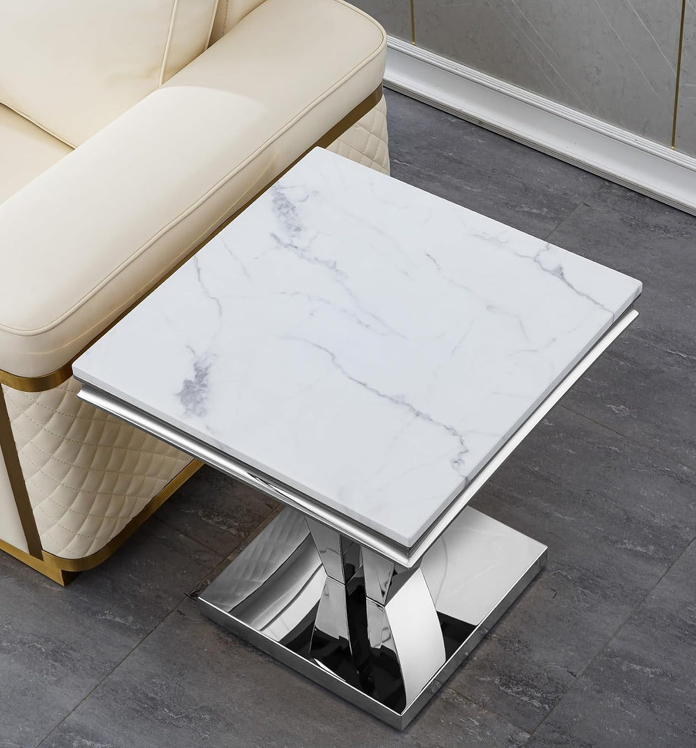23in Faux Marble End Table w/Y Stainless Steel Base, Night Stand Square End T...