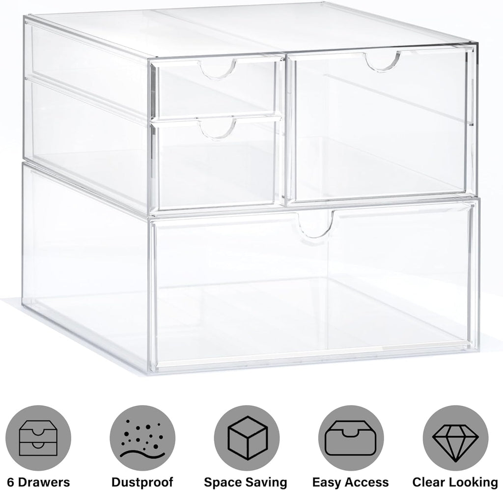 Prsildan Acrylic Drawer Makeup Organizer with 4 Drawers, Set of 2 Office Desk Organizers Accessories, Clear Stackable Storage Drawers for Vanity, Countertop, Craft, Jewelry, Art Supply Organization