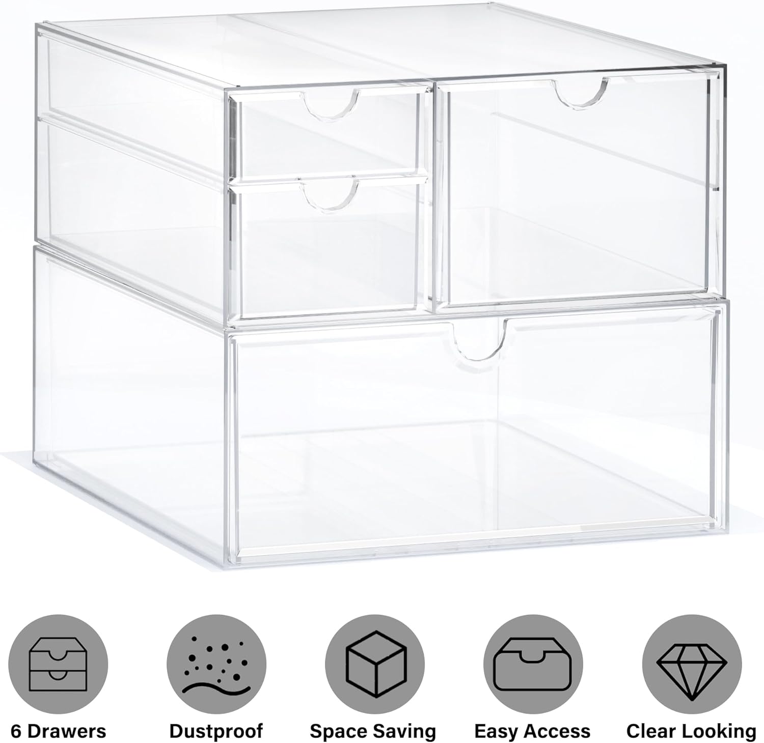 Prsildan Acrylic Drawer Makeup Organizer with 4 Drawers, Set of 2 Office Desk Organizers Accessories, Clear Stackable Storage Drawers for Vanity, Countertop, Craft, Jewelry, Art Supply Organization
