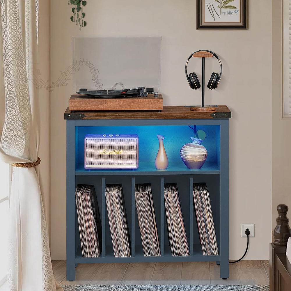 Joaxswe Large Record Player Table with Charging Station & LED Lights, Blu...