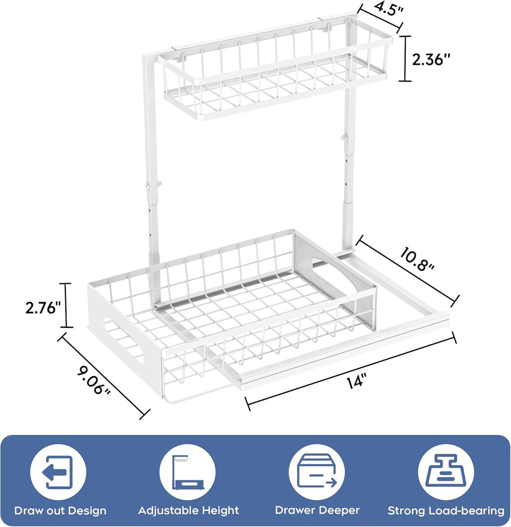 Under Sink Organizer and Storage, Height Adjustable Cabinet Organizer with Slide Out Drawer, Pull Out Under Sink Storage, Multi-Purpose 2 Tier Sink Shelves for Kitchen Bathroom Pantry (White, 1 Pack)