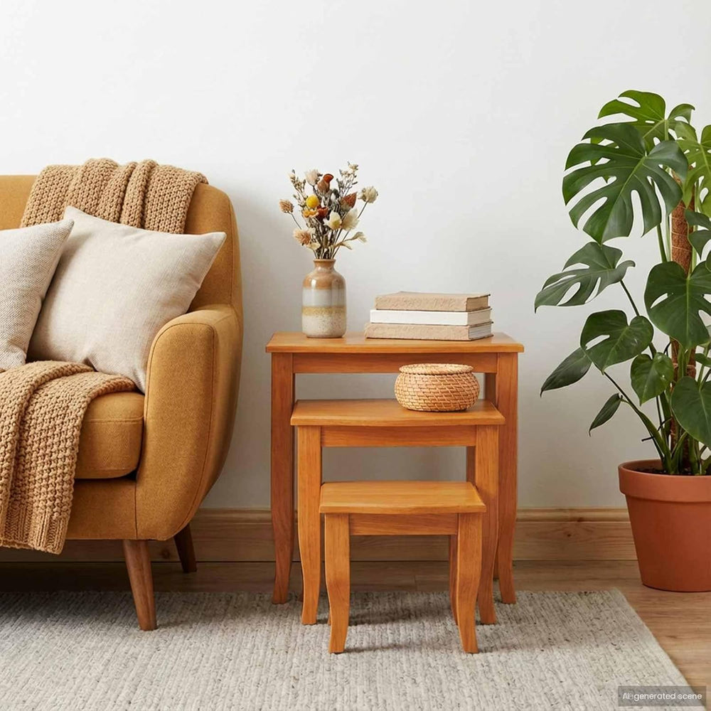 Nesting Side Tables 3 pcs Solid Mahogany Wood | Space Saving Design, Natural ...