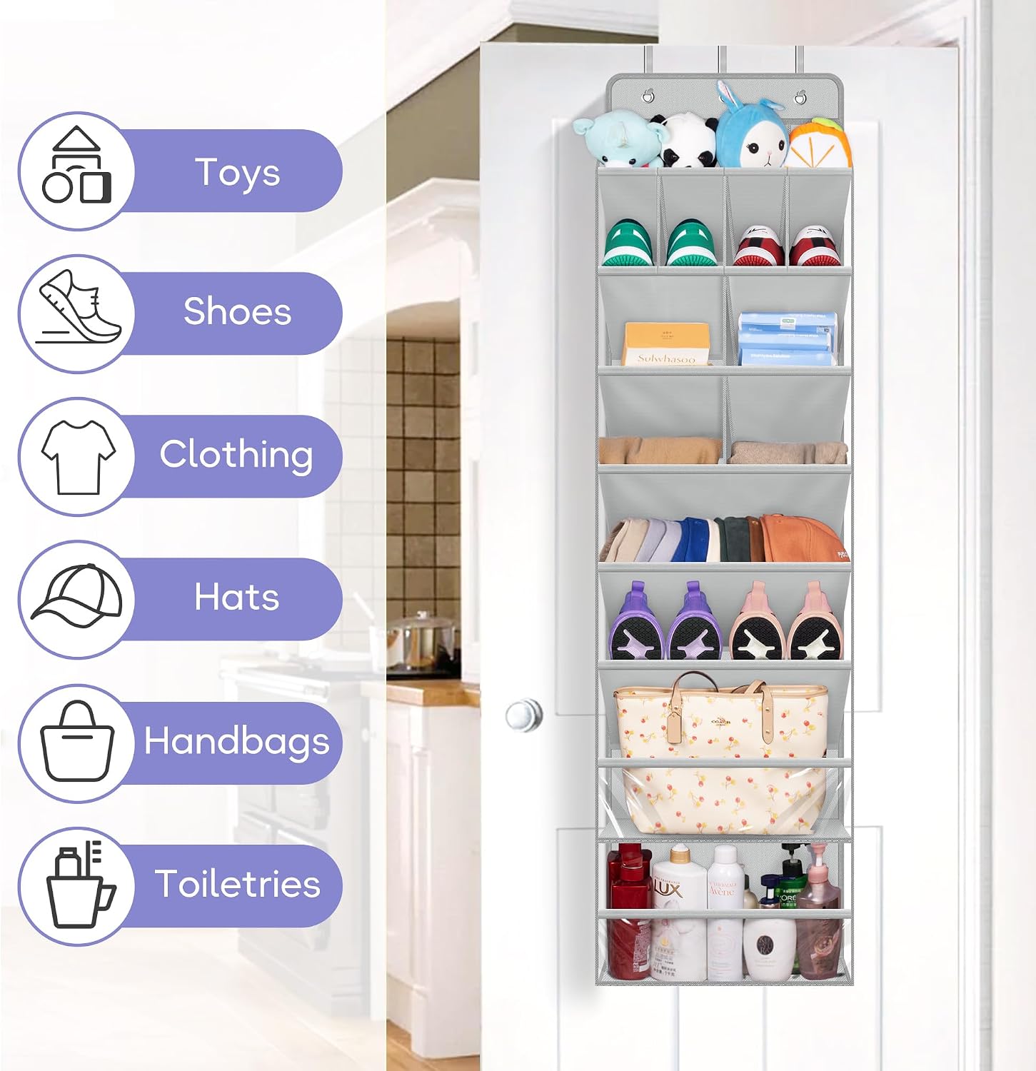MISSLO Clear Over the Door Shoe Organizer Large Deep Pockets Hanging Shoe Rack for Closet Fit 20 Pairs Shoe Holder for Sneakers Boots Storage，Grey