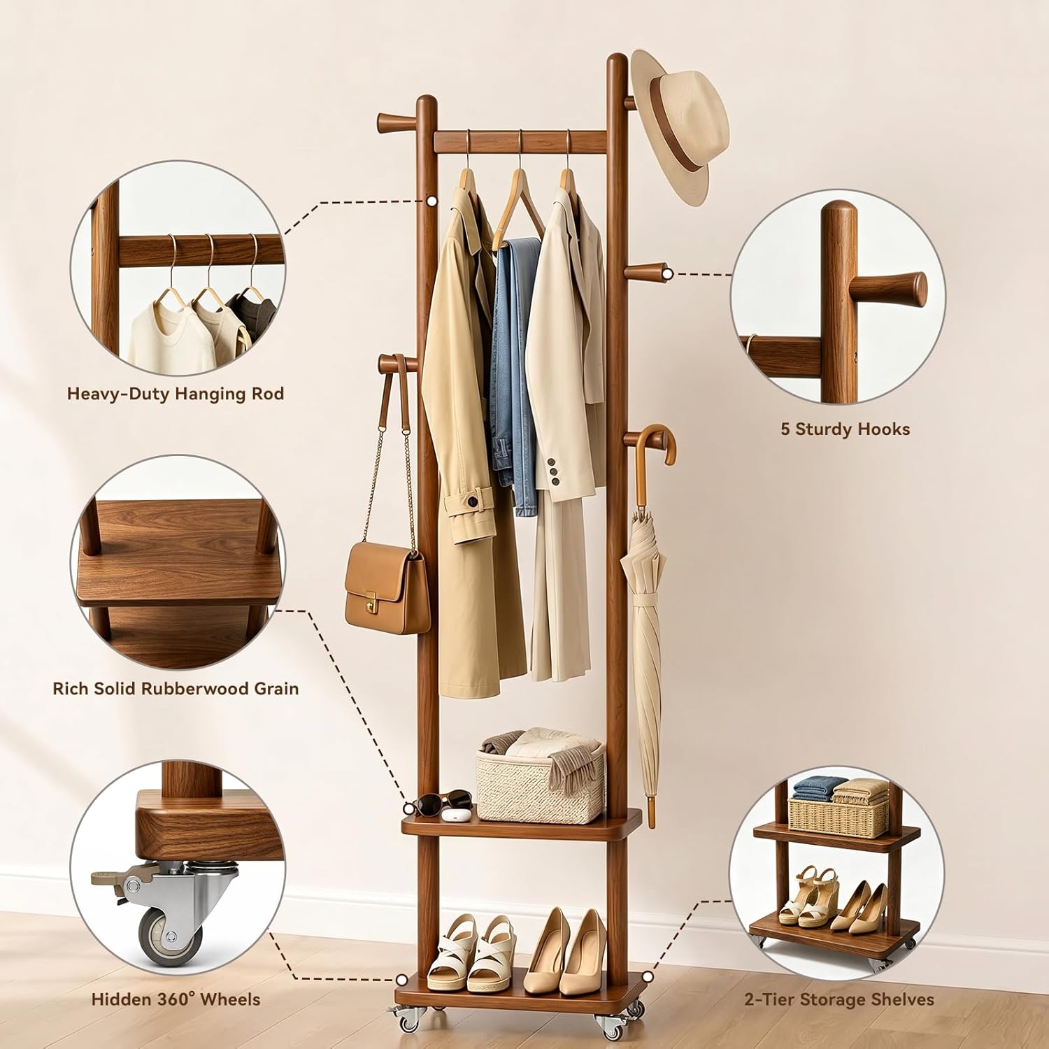 Solid Wood Coat Rack Freestanding Clothing Rack with Wheels & 2 Shelves Storage & 5 Hooks Heavy Duty Clothes Rack Wood Coat Tree Stand Hat Hanger Rack for Corner Bedroom Entryway Living Room Hotel