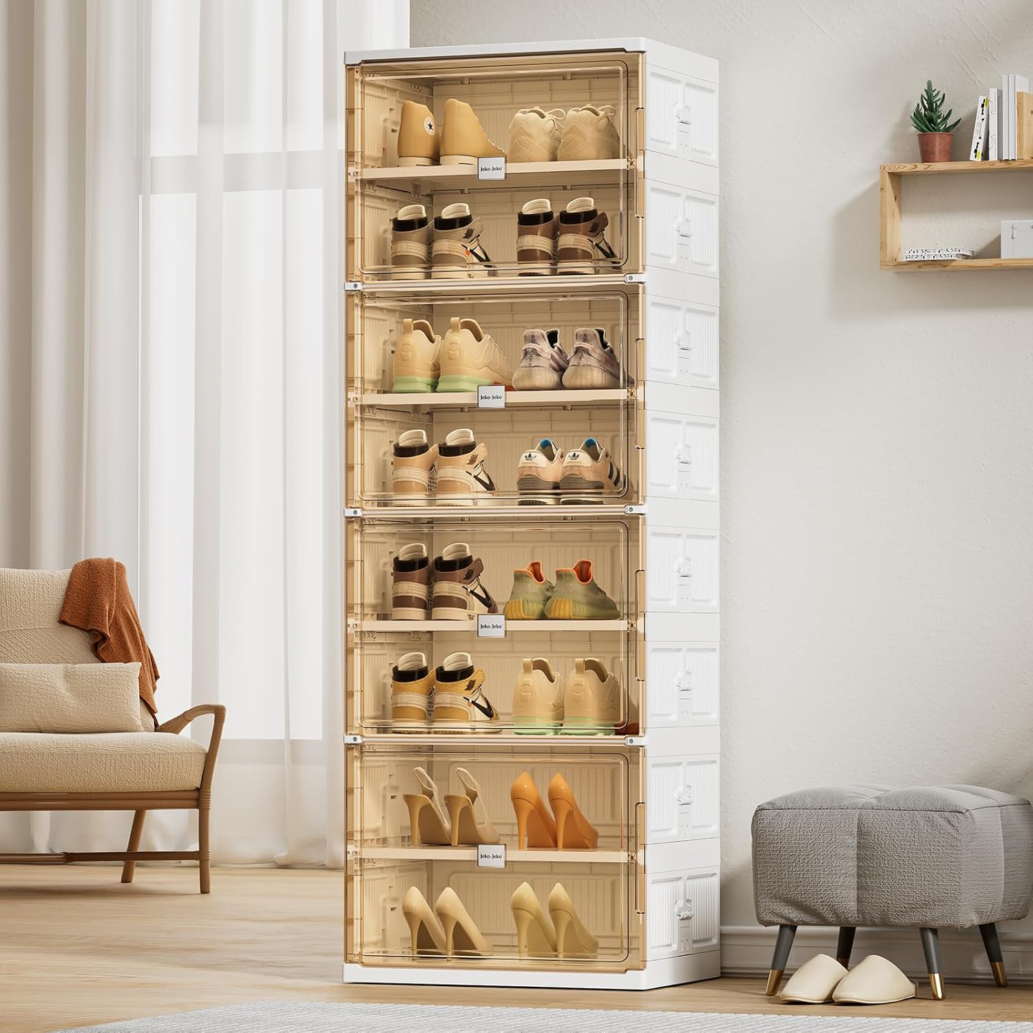 JEKO&JEKO 8 Tiers Foldable Shoe Rack Organizer Cabinet for Closet Entryway, Large Collapsible Shoe Storage Box with Magnetic Doors (White)