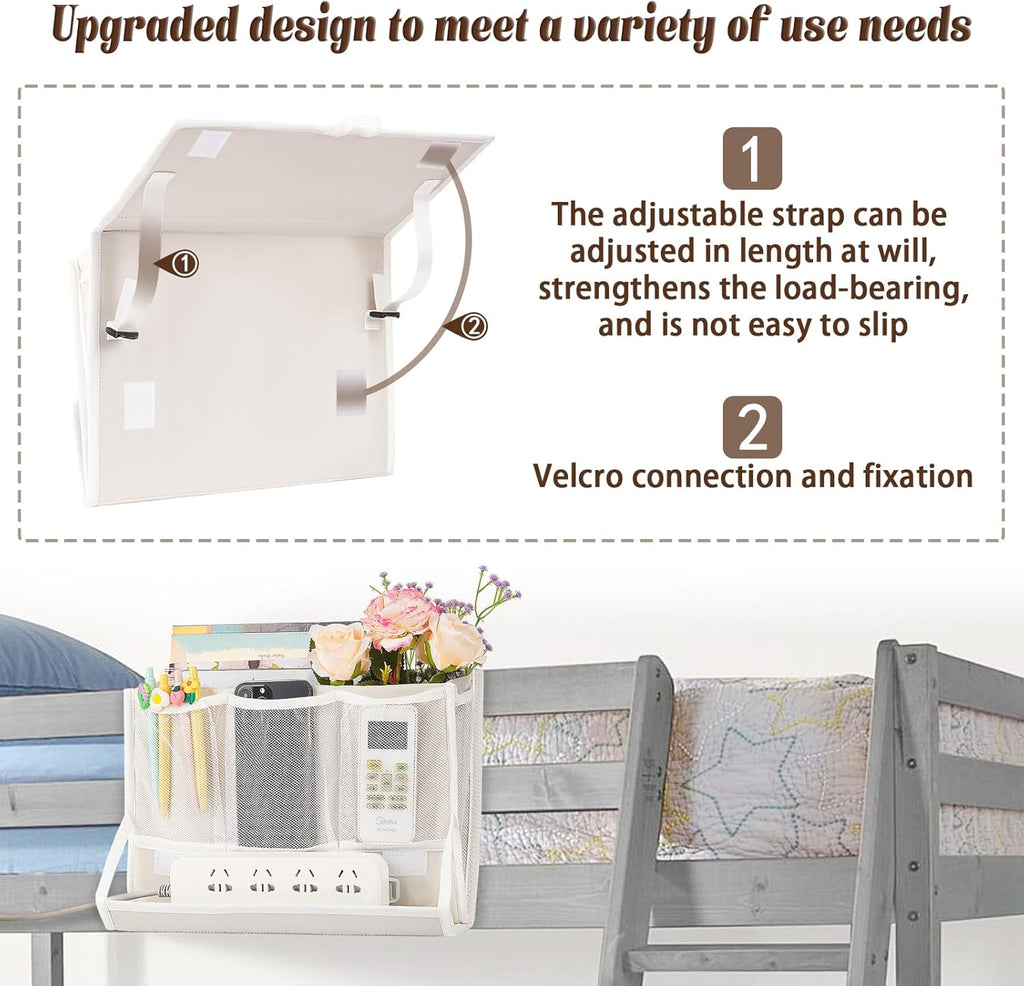 Bedside Caddy Bedside Storage Organizer Bedside Organizer with Power Strip Holder and 2 Adjustable Straps for Home Bunk Bed College Dorm Sofa (White)