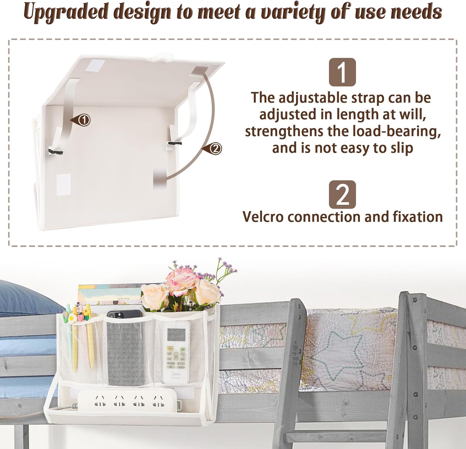 Bedside Caddy Bedside Storage Organizer Bedside Organizer with Power Strip Holder and 2 Adjustable Straps for Home Bunk Bed College Dorm Sofa (White)