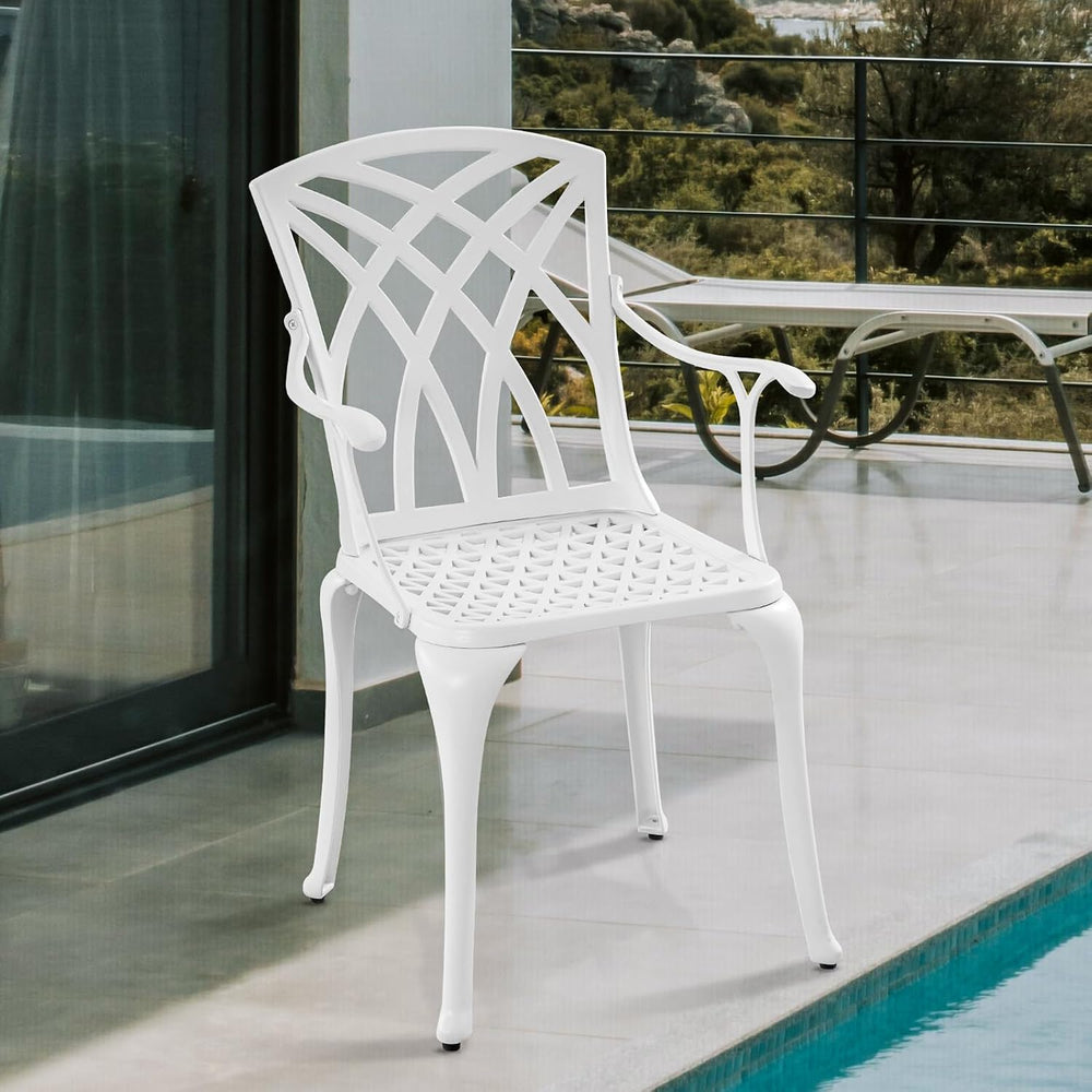 Modern White Cast Aluminum Outdoor Patio Dining Chairs, Set of 2, Ergonomic A...