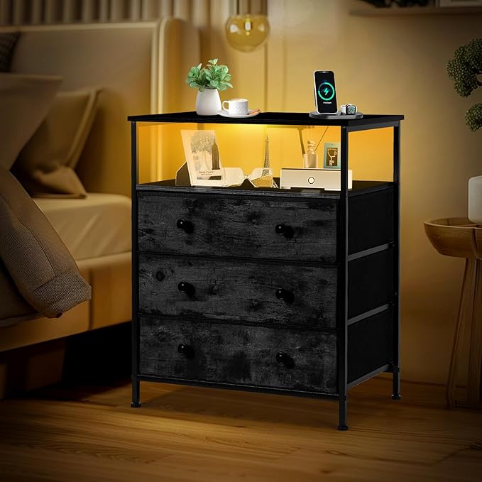3 Drawers Dresser with Charging Station, 24 Inch Wide LED Night Stand with Ad...