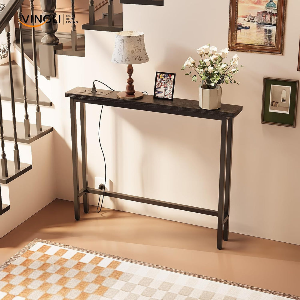 VINGLI 39" Console Table with Charging Station, 5.9" Narrow Sofa Ta...
