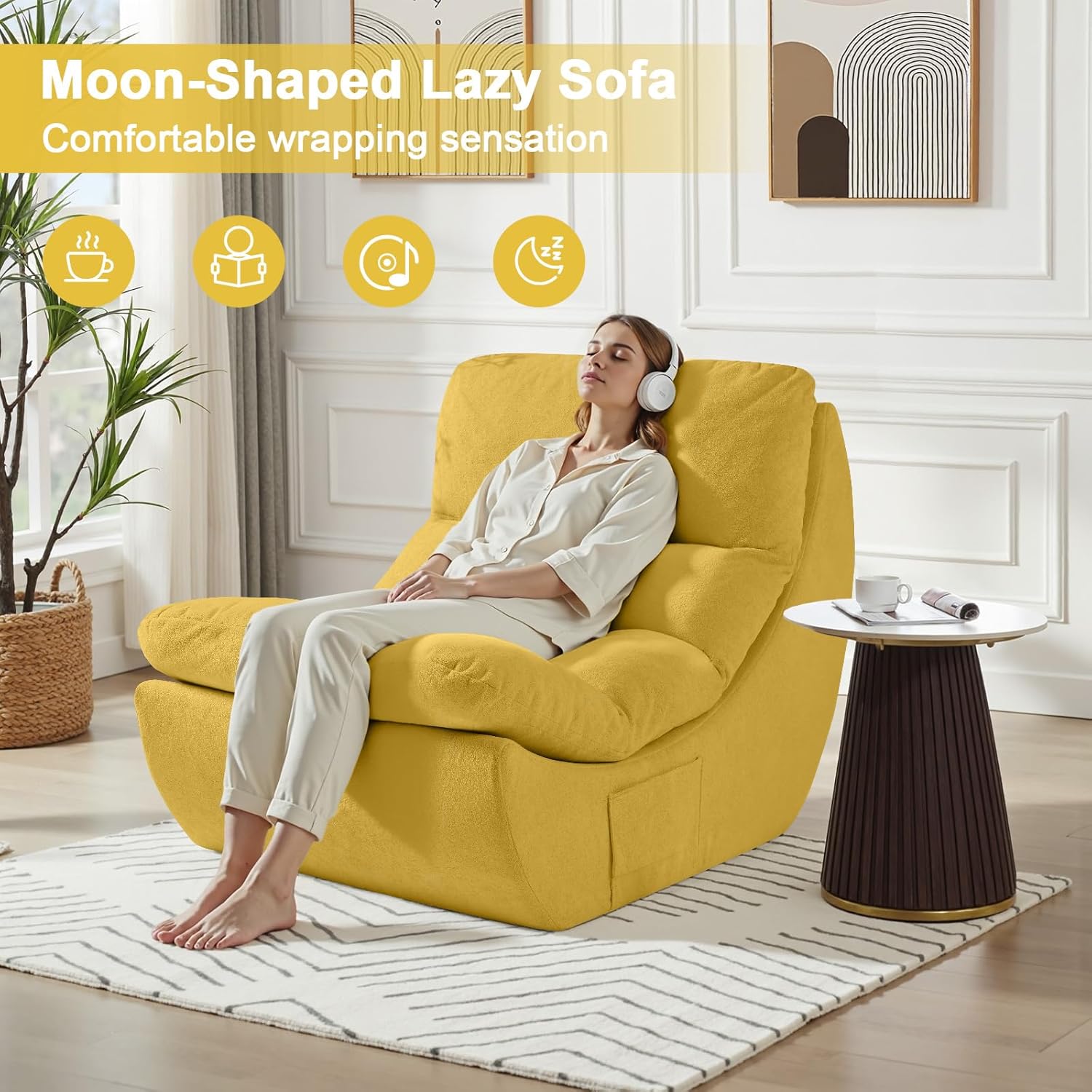 Comfy Reading Chair for Adults, Modular Sectional Sofa Bean Bag Chair, Cloud Boneless Couch Style with High Rebound Foam, Single Seat Compressible Sofa for Living Room & Bedroom, Yellow