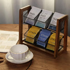HTB 2 Tier Tea Organizer for Tea Bags, Tea Bag Holder with Acacia Wood Stand and 6 Removable Metal Basket for Sugar Packets, Sweeteners, Creamers for Cabinet, Countertop or Wall-mounted