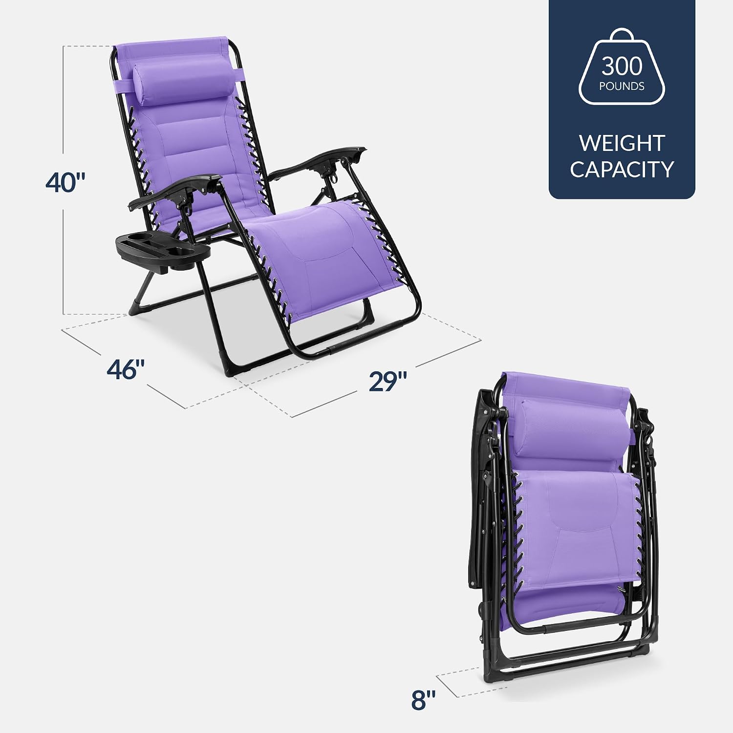 Best Choice Products Oversized Padded Zero Gravity Chair, Folding Outdoor Patio Recliner, XL Anti Gravity Lounger for Backyard w/Headrest, Cup Holder, Side Tray, Polyester Mesh - Violet