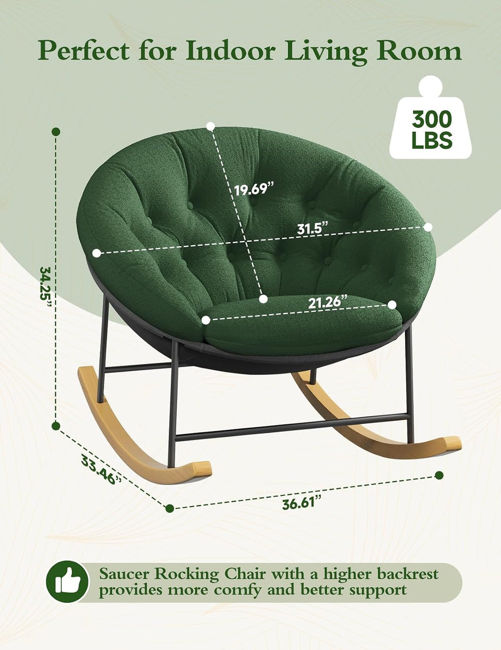 Kidirect Wide Rocking Chair Nursery, Comfy Saucer Nursery Rocking Chairs with Removable Cushion, Indoor Papasan Nursing Chair for Breastfeeding, Mecedora Para Adultos for Living Room & Bedroom (Green)