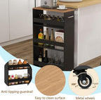 POWERSTONE 4-Tier Slim Storage Cart, Narrow Kitchen Rolling Cart w/Handle & Open Shelves, Skinny Slide Out Utility Organizer Trolley for Kitchen Bathroom Laundry Small Spaces Black & Natural