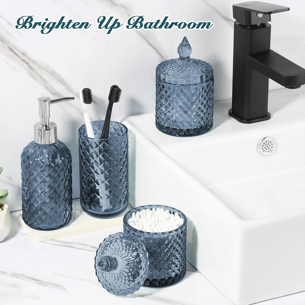 Blue Bathroom Accessories Set, 4 Pack Light Blue Bathroom Decor Accessory Sets Complete, Diamond Glass Soap Dispenser and Toothbrush Holder Set for Bath Counter Organizer Essentials