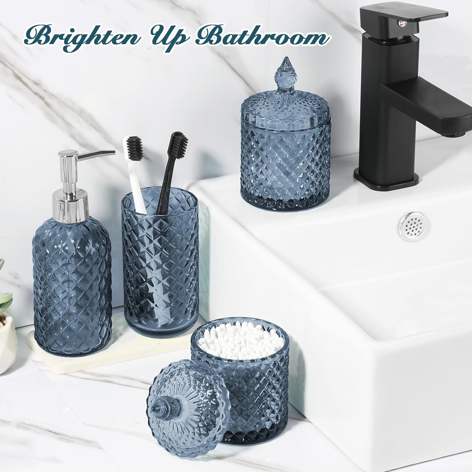 Blue Bathroom Accessories Set, 4 Pack Light Blue Bathroom Decor Accessory Sets Complete, Diamond Glass Soap Dispenser and Toothbrush Holder Set for Bath Counter Organizer Essentials