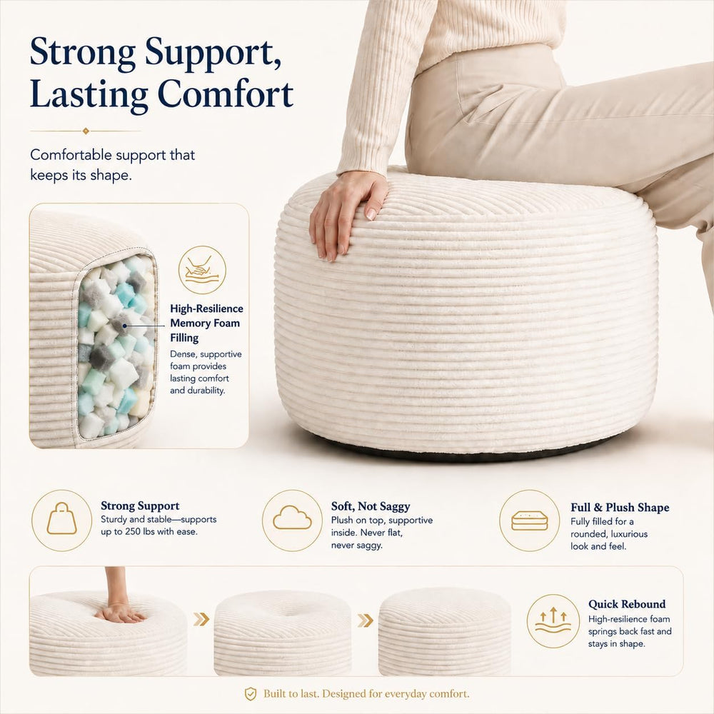 Round Pouf Ottoman Foot Rest 20 X 15 - Floor Pouf for Living Room Seating, So...