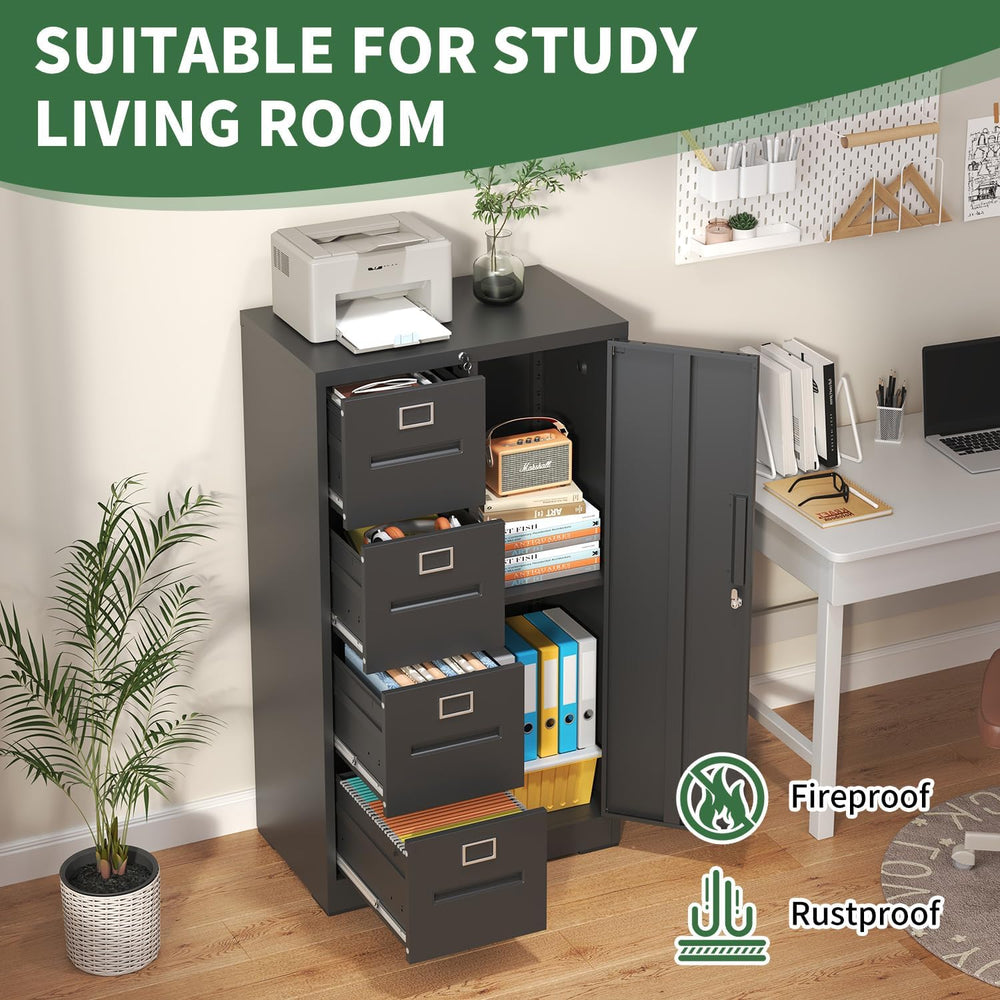 File Cabinet 4 Drawer, Vertical File Cabinet with Lock and 1 Door, File Cabin...
