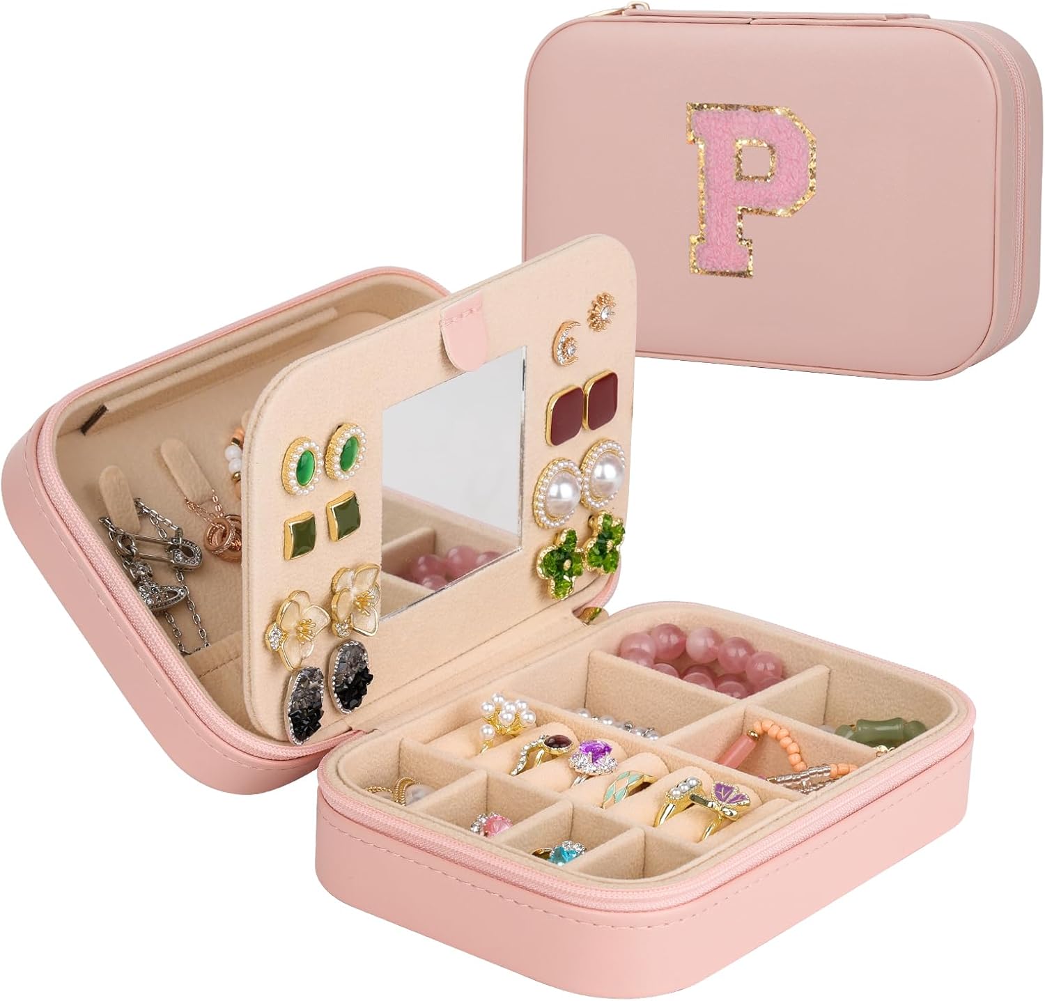 TopPerfekt Travel Jewelry Case, Jewelry Box with Mirror, Jewelry Organizer Bridal Shower Gifts to Her, Earring Storage Travel Case, Trendy Gift for Women and Girls, Girlfriend-Letter P, Pink