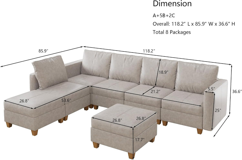 EASE MOOSE Leather Sectional L Shaped Sofa with Storage Ottomans, Whitesand |...