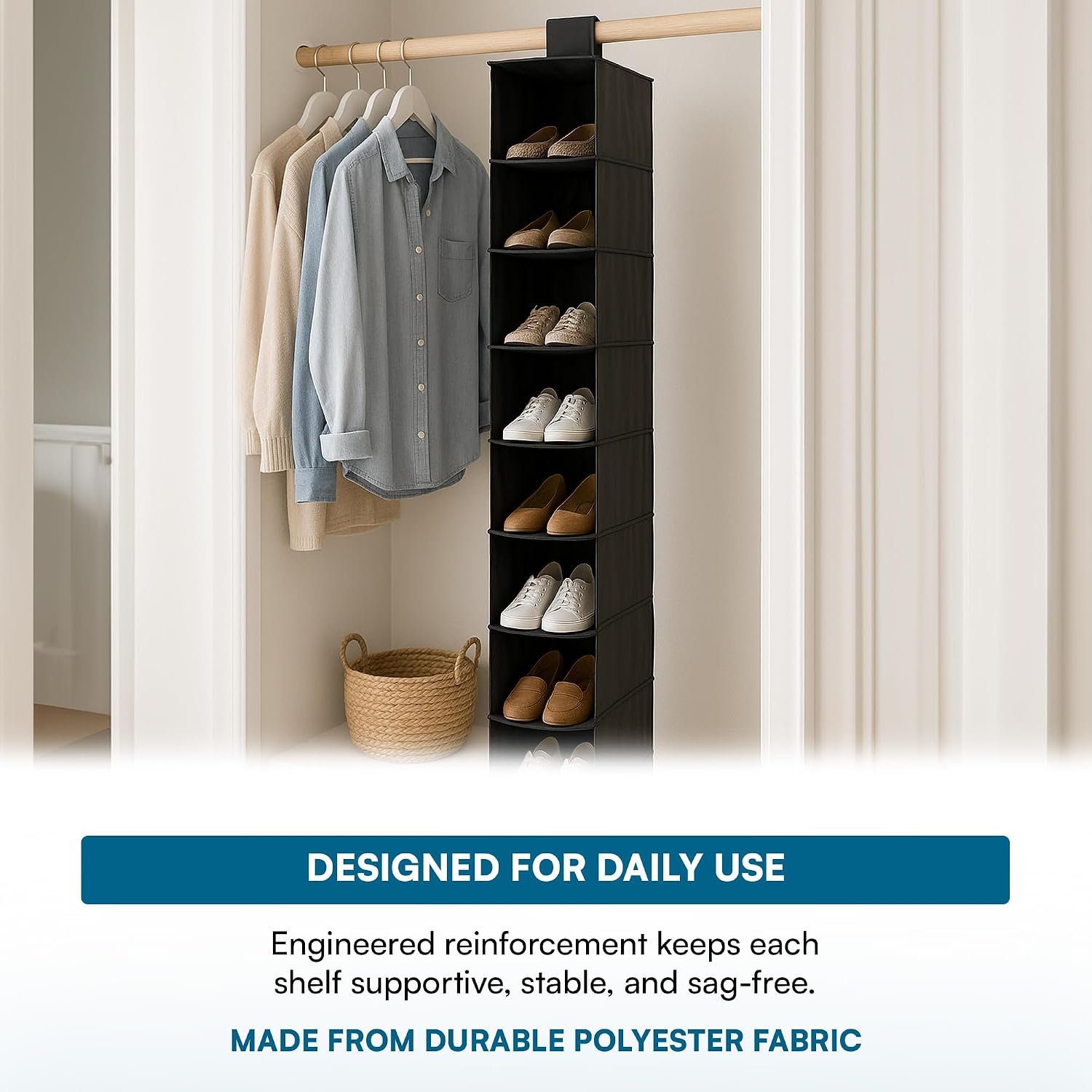 Honey-Can-Do 10-Shelf Hanging Shoe Organizer, Black - Closet Storage Rack for Shoes, Accessories & Clothes, Space Saving