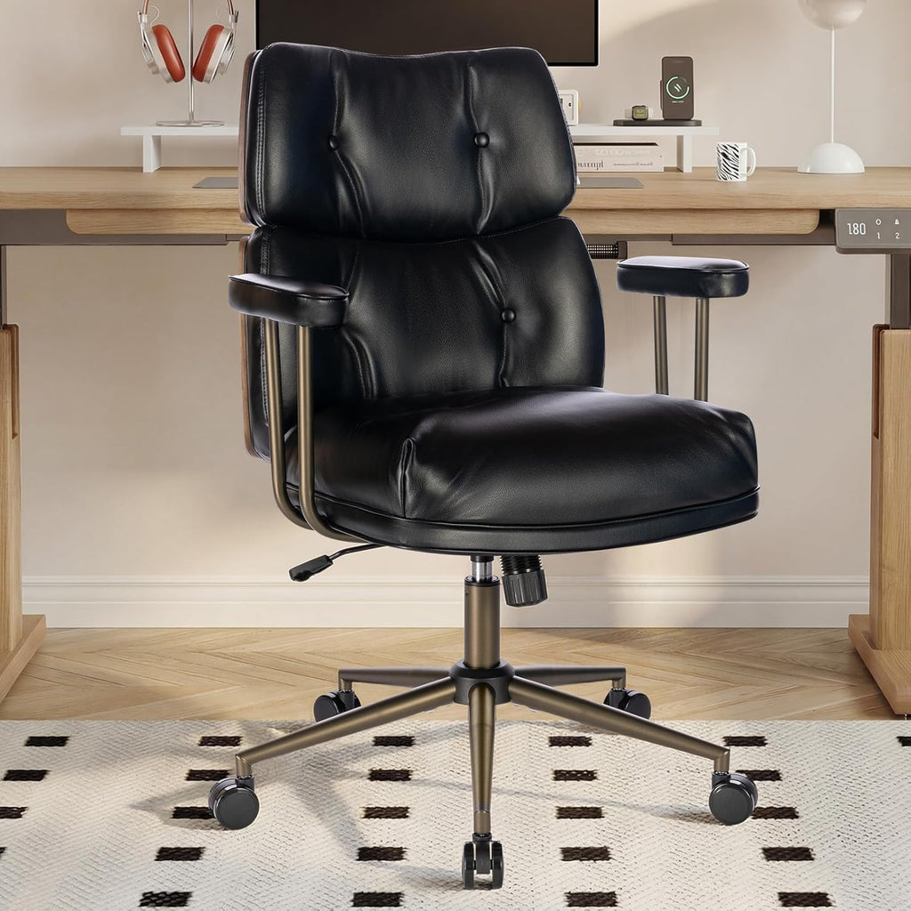 Mid-Century Modern Ergonomic Office Chair,Mid Back Faux Leather Executive Desk Chair with Walnut Bentwood,Tufted Adjustable Swivel Computer Chair for Home Office,Black