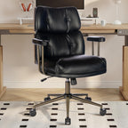 Mid-Century Modern Ergonomic Office Chair,Mid Back Faux Leather Executive Desk Chair with Walnut Bentwood,Tufted Adjustable Swivel Computer Chair for Home Office,Black