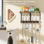 Mop Holder Wall Mount with Cleaning Supplies Organizer, Wood Mop and Broom Hanger Rack Organizer with Anti-Fall Wall Shelf with 5 Clips & Hooks for Garage Laundry Room Kitchen (Dark)