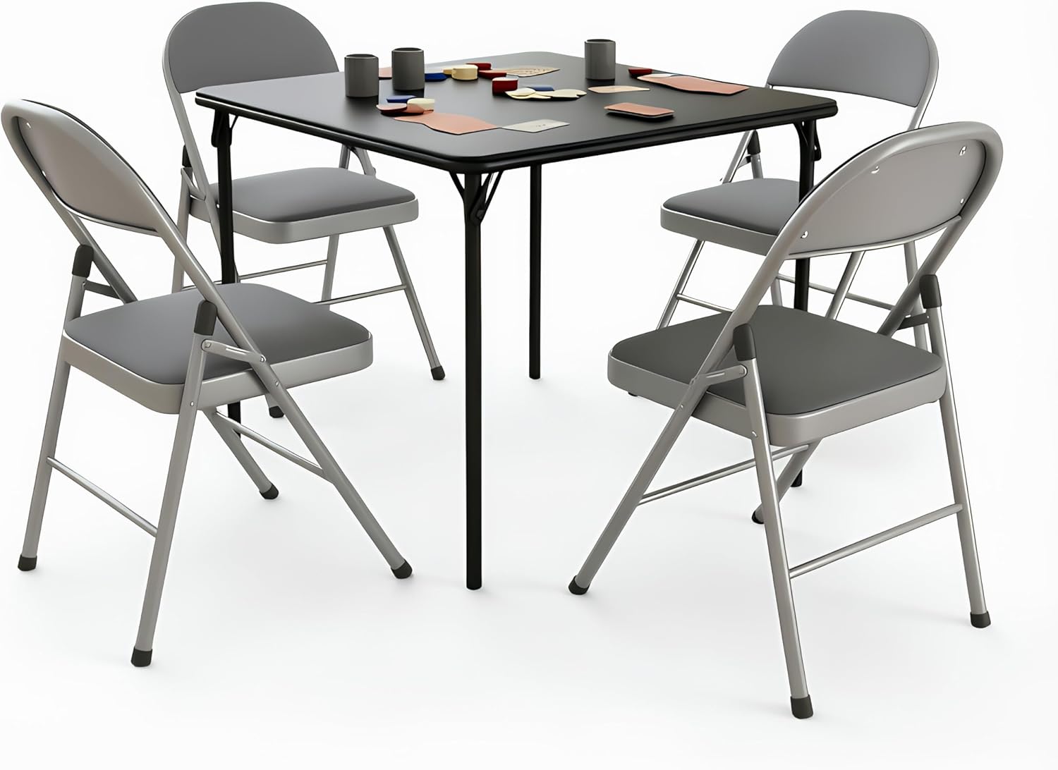 VECELO 5-Piece Folding Card Table Square and Chair Set with Collapsible Legs & Vinyl Upholstery,Portable for Indoor & Outdoor, Black & Dark Grey