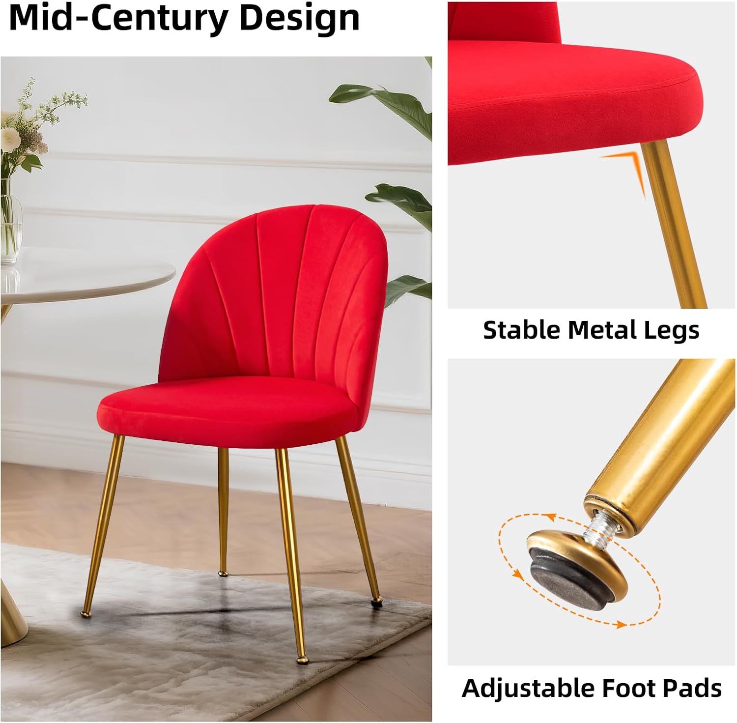 Velvet Dining Chairs Set of 6, Upholstered Mid Century Modern Dining Room Chairs, Armless Accent Chair with Metal Gold Legs for Living Room, Kitchen, Rose Red