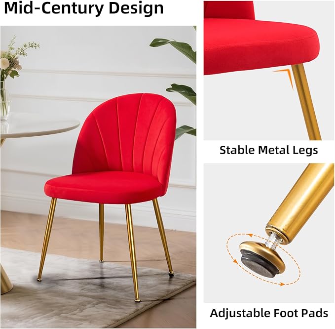Velvet Dining Chairs Set of 4, Upholstered Mid Century Modern Dining Room Chairs, Armless Accent Chair with Metal Gold Legs for Living Room, Kitchen, Rose Red