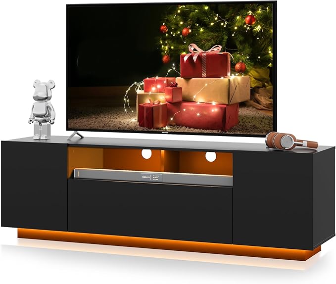 WLIVE Modern TV Stand for 65 Inch TV, Entertainment Center with LED Lights & Large Storage Cabinets, Sturdy Media Console for Living Room, Bedroom, Gaming(Black)