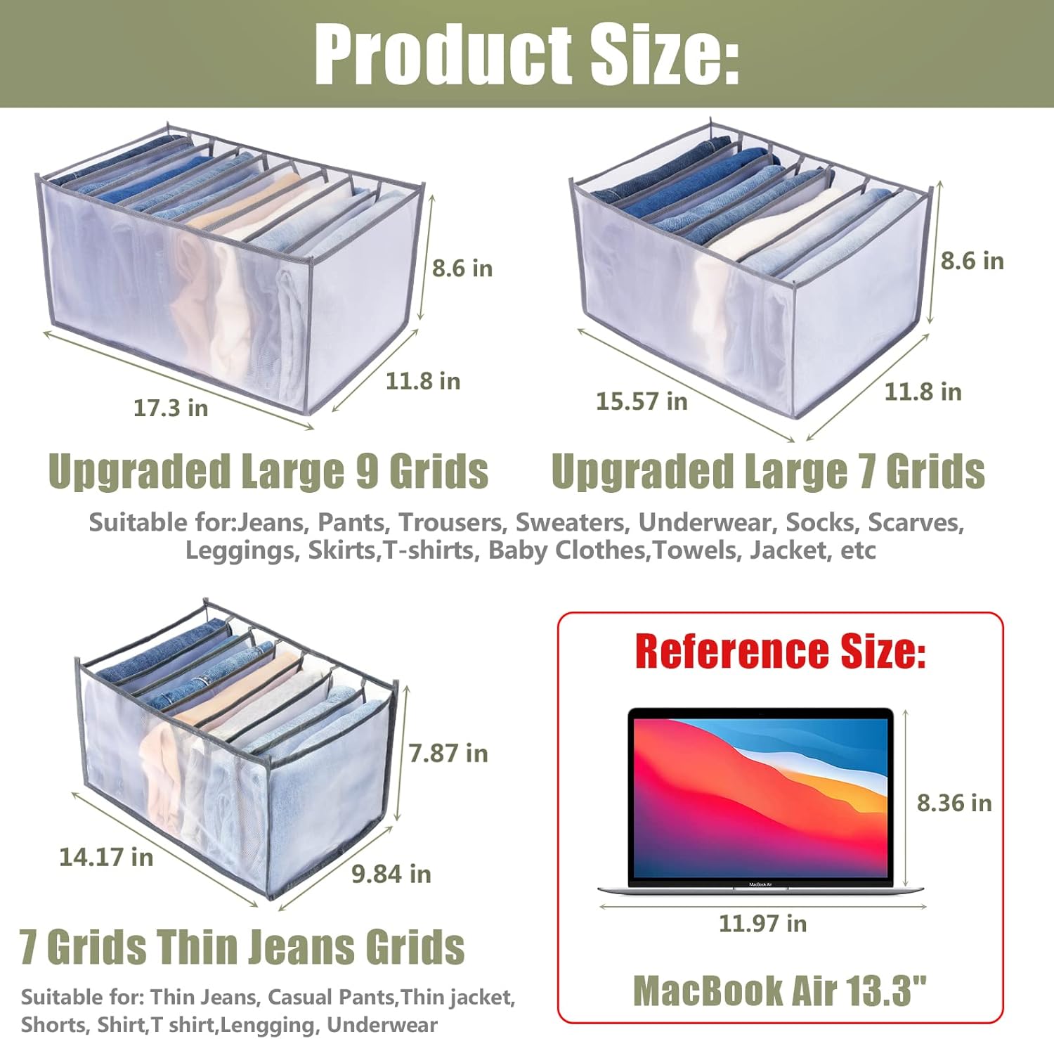 TOOVREN Upgraded Wardrobe Clothes Organizer 2PCS, Drawer Dividers for Clothes, Drawer Organizers for Clothing, Mesh Wardrobe Organizer for Jeans Pants Sweaters T-Shirts Underwear (Gray, Large 9 Grids)