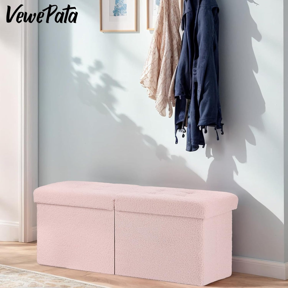Storage Ottoman Bench, 34" Teddy Velvet Folding Foot Rest, Pink | Large ...
