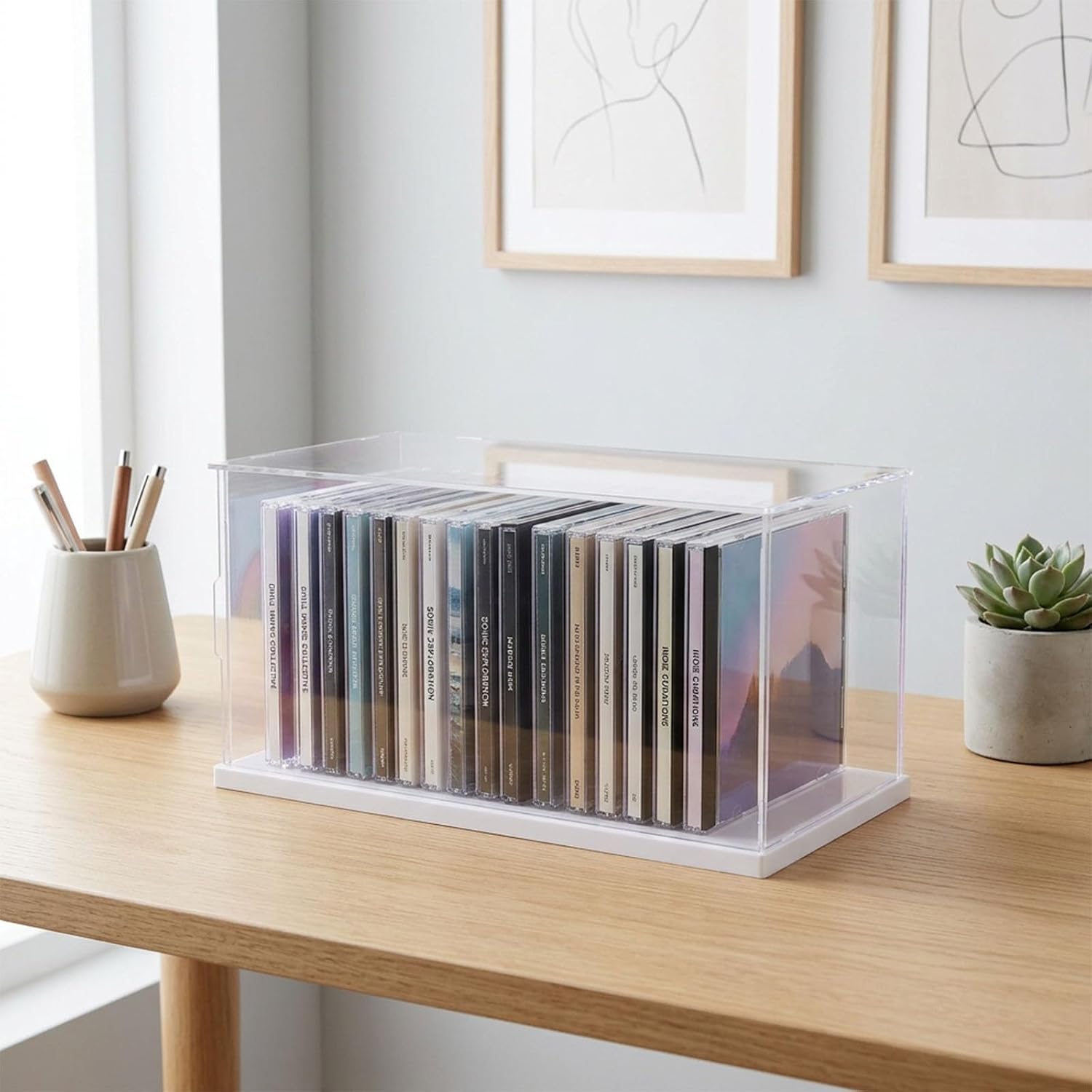 Clear Acrylic CD Holder Rack, Stackable CD Storage Box with Dustproof Door, DVD Display Case and Media Organizer for Music Disc, Blu Ray, Game Cases, Cassette, Shelf or Desktop