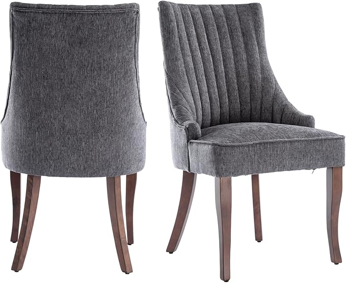 mikibama Linen Dining Chairs Set of 2 Channel Tufted Kitchen Dinner Chair Comfy Fabric Upholstered Accent Chair for Dining Room with Solid Wood Legs (Grey)