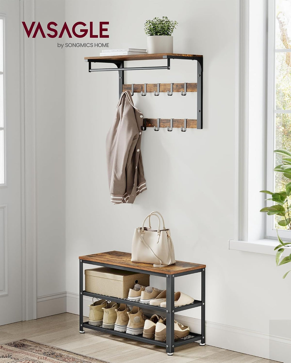 VASAGLE 3-Tier Shoe Rack, Shelf Storage Bench with Metal Mesh Shelves and Sea...