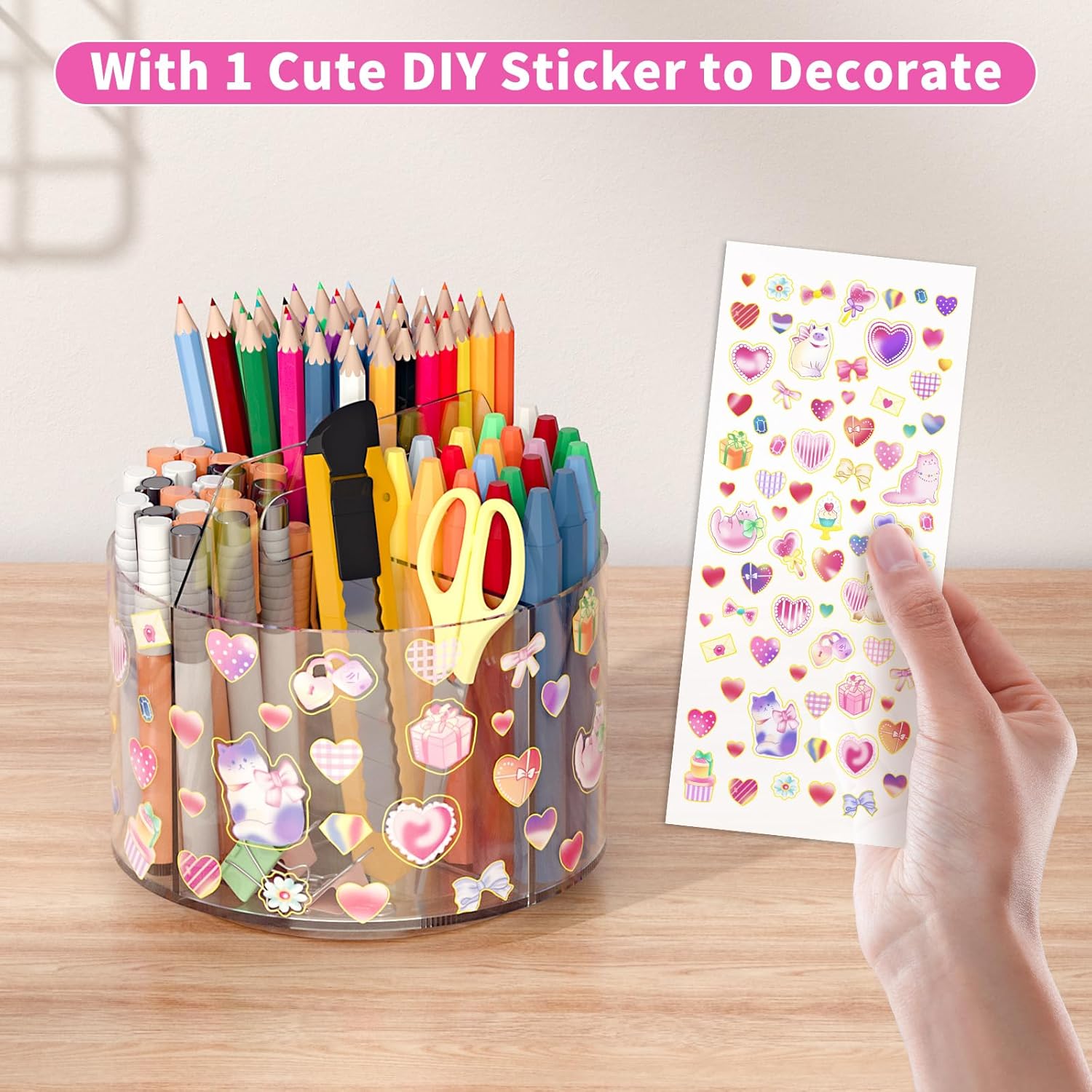 Acrylic Pencil Organizer for Desk 4 Compartments with Adhesive DIY Sticker, Rotating Art Supply Organizer with Kawaii Sticker Kids, Spinning Round Marker Small Supply Caddy