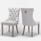 Linen Upholstered Dining Chairs Set of 2, Modern Style Kitchen Side Chairs with Nailhead Trim and Wood Leg, Metal Pulling Ring for Dining Room Living Room(Beige,Set of 2)