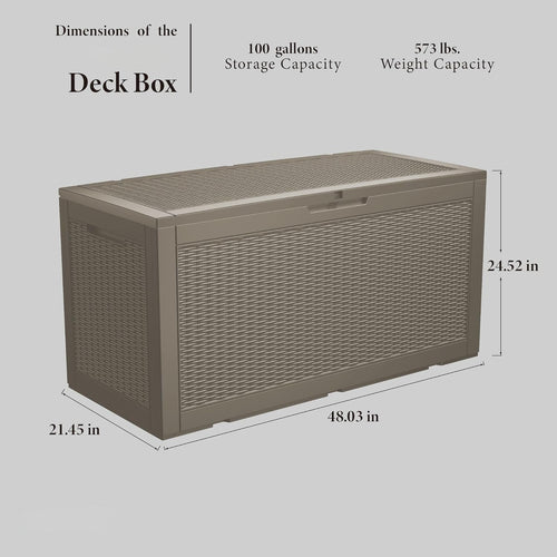 100 Gallon Lockable Resin Deck Box, Waterproof Outdoor Storage Box for Patio Furniture, Garden Tools, Pool Accessories, UV-Resistant Outside Delivery Grey