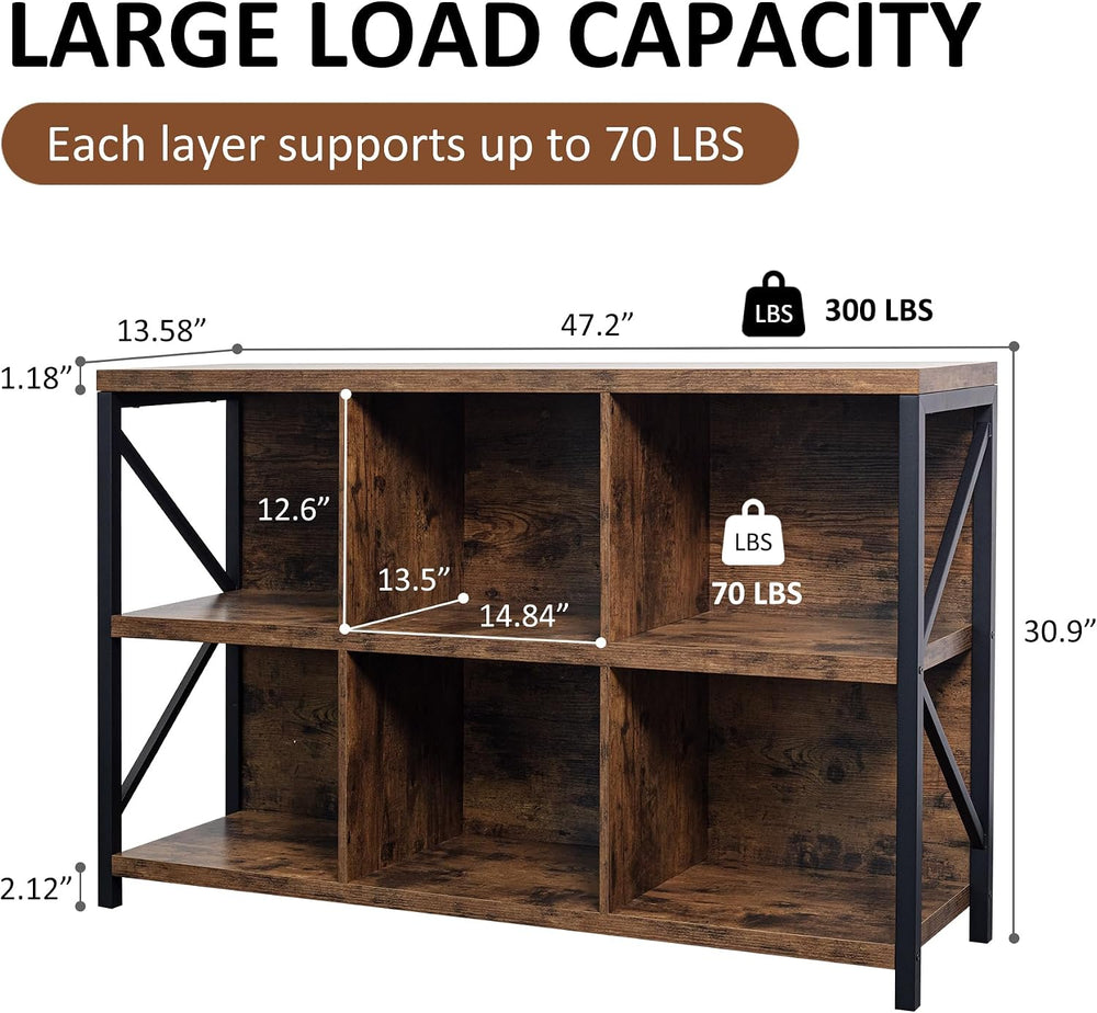 6 Cube Storage Organizer Bookshelf, Industrial Horizontal Bookcase, Accent Cu...