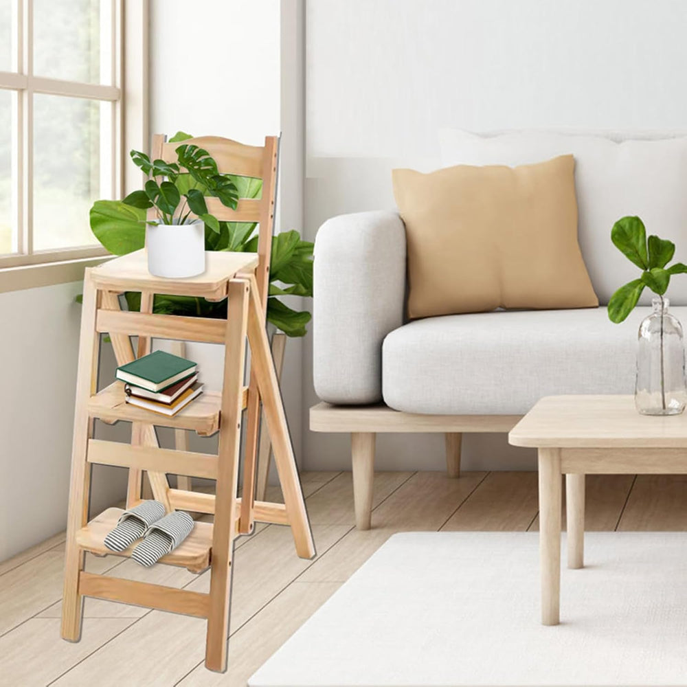Folding Bar Stool, 3 Step Multifunction Portable Adults Solid Wood Ladder Sto...