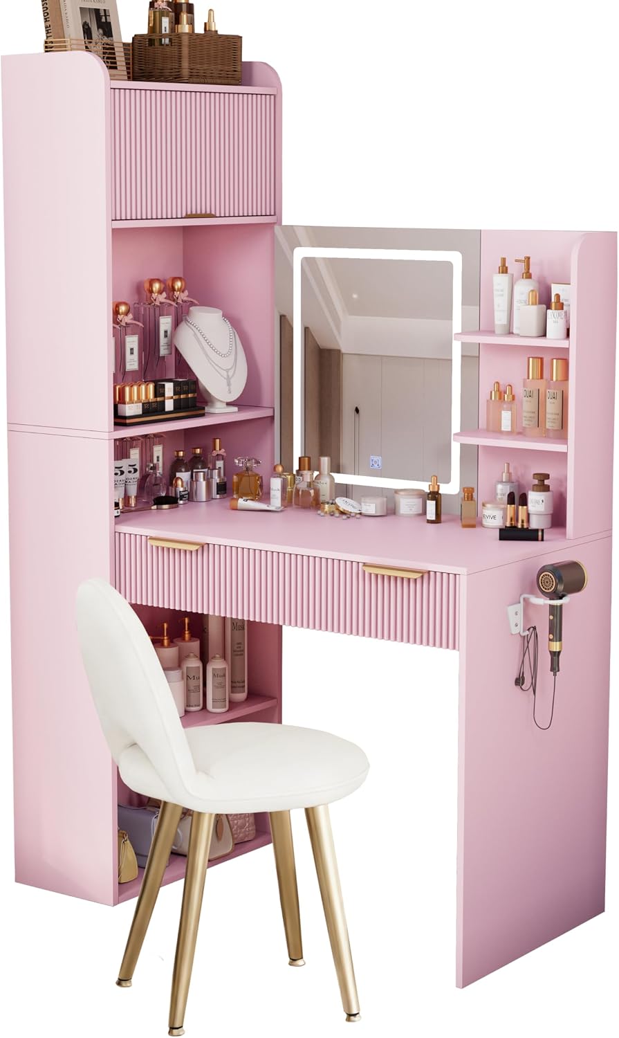 Royal Windsor Makeup Vanity Desk with Mirror and Lights, with Chair,Pink | Va...