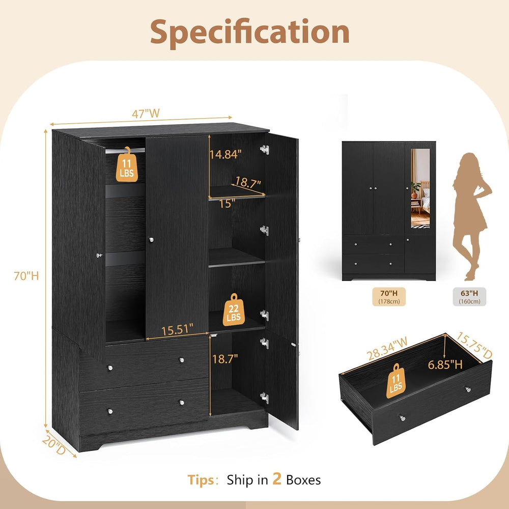 VINGLI Armoire Wardrobe Closet with Doors and Mirror,47" W Wardrobe Cabi...