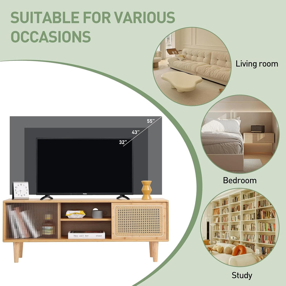 Welnow Rattan TV Stand for Up to 55 Inch, Mid Century Modern Bamboo Entertain...