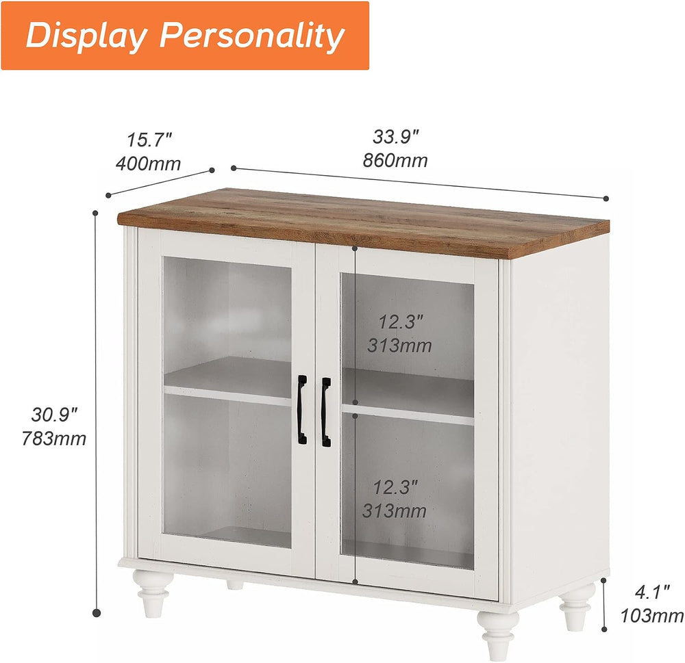 WAMPAT Sideboard Buffet Cabinets with Glass Door, White, 34"