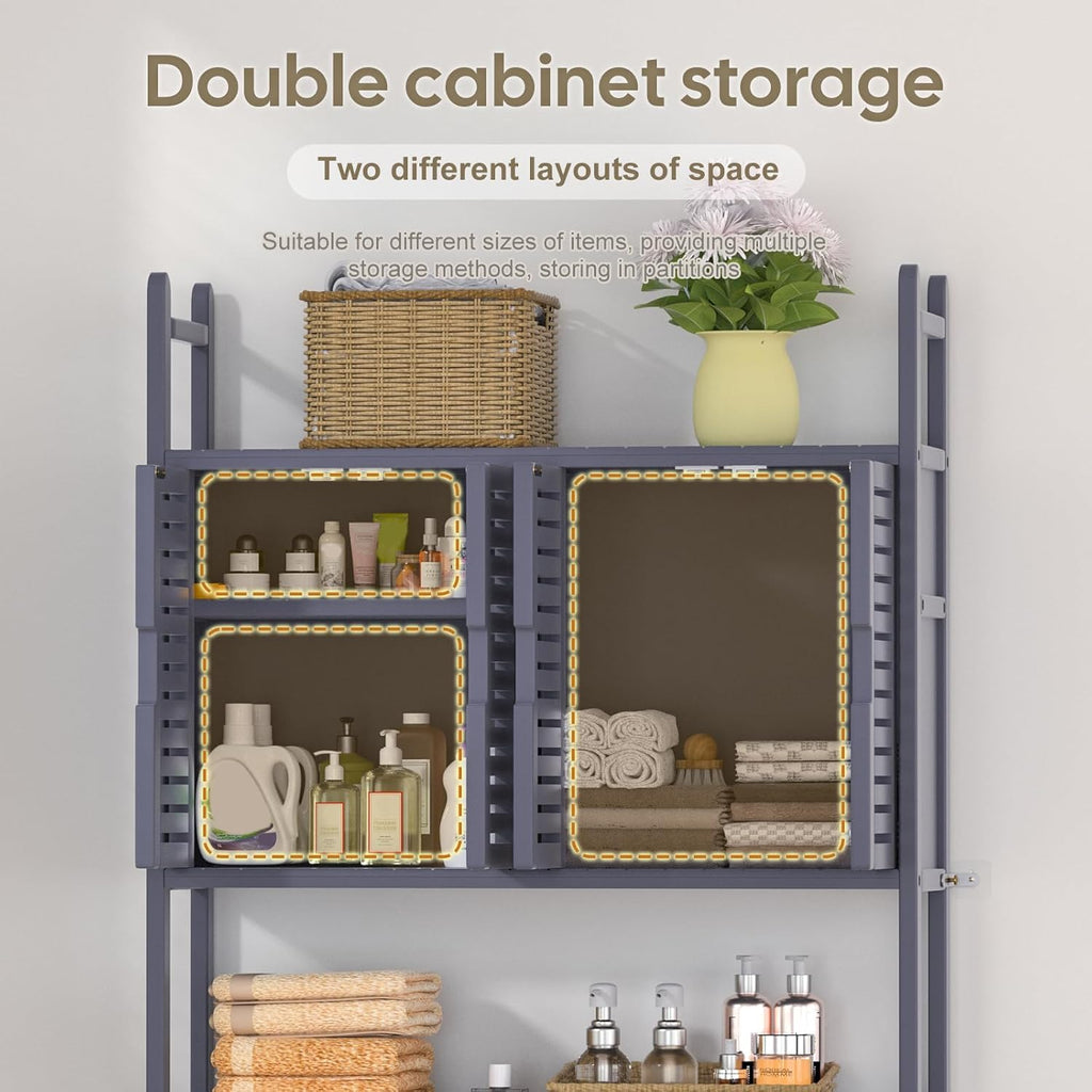 Over The Toilet Storage Cabinet with Paper Holder Stand,Bamboo Bathroom Organizer Shelf with Four Door and Waterproof Feet Pad,Space Saver Rack with Anti-Tip Design (Grey)