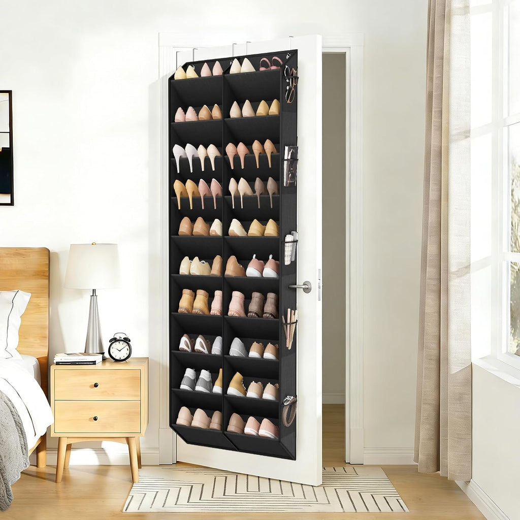 LANTEFUL Over the Door Shoe Organizer, Hanging Shoe Rack for Closet Door Shoe Storage for 30 Pairs Sneaker and Boots, Large Shoe Holder for Door with 10 Side Pockets, Space Saving, Black